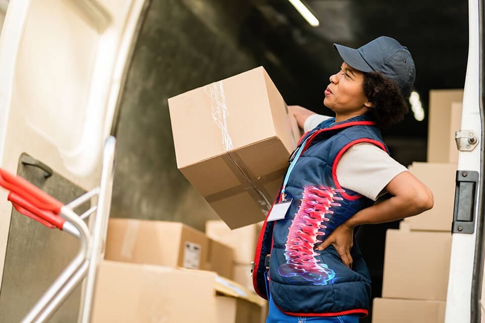Worker experiencing back pain from incorrect manual handling technique