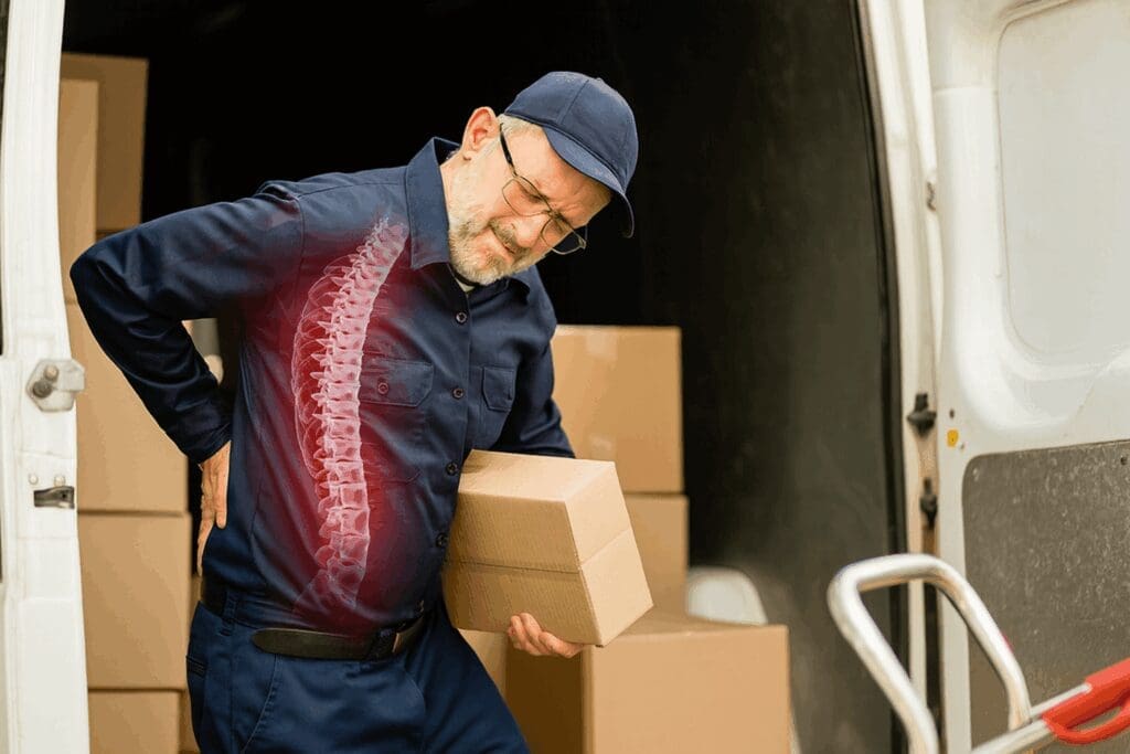 Delivery worker straining back while carrying a heavy box, showing the need for a certified manual handling course in Ireland