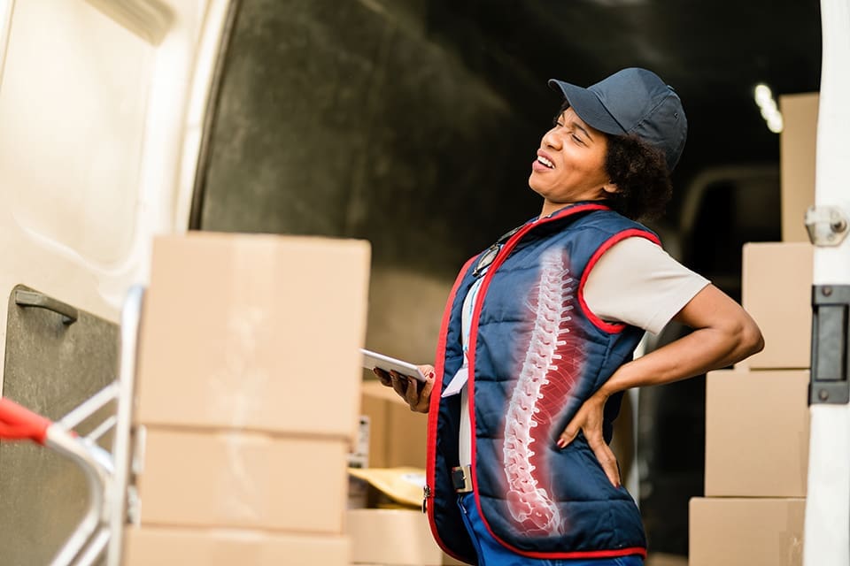 Worker lifting boxes with back pain, highlighting the importance of taking a manual handling course in Ireland to prevent injuries